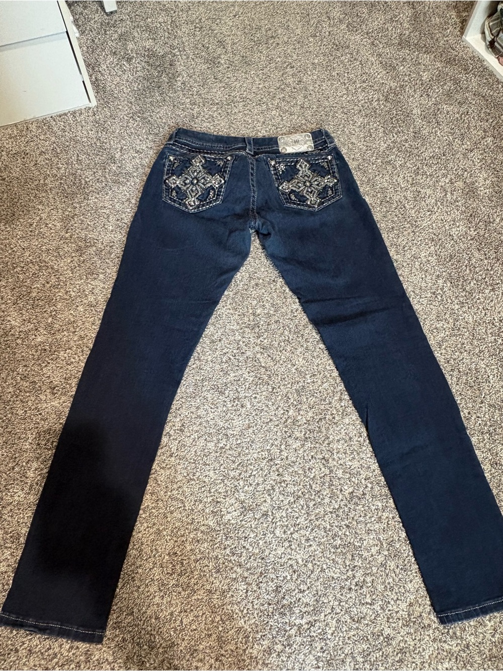 Miss Me Dark Blue Skinny Jeans with Embellished Back Pockets